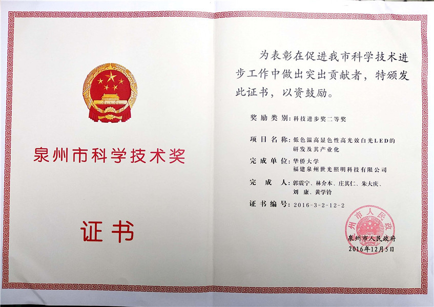 SIGOLED a remporté le prix de la science et de la technologie de Quanzhou 2016
